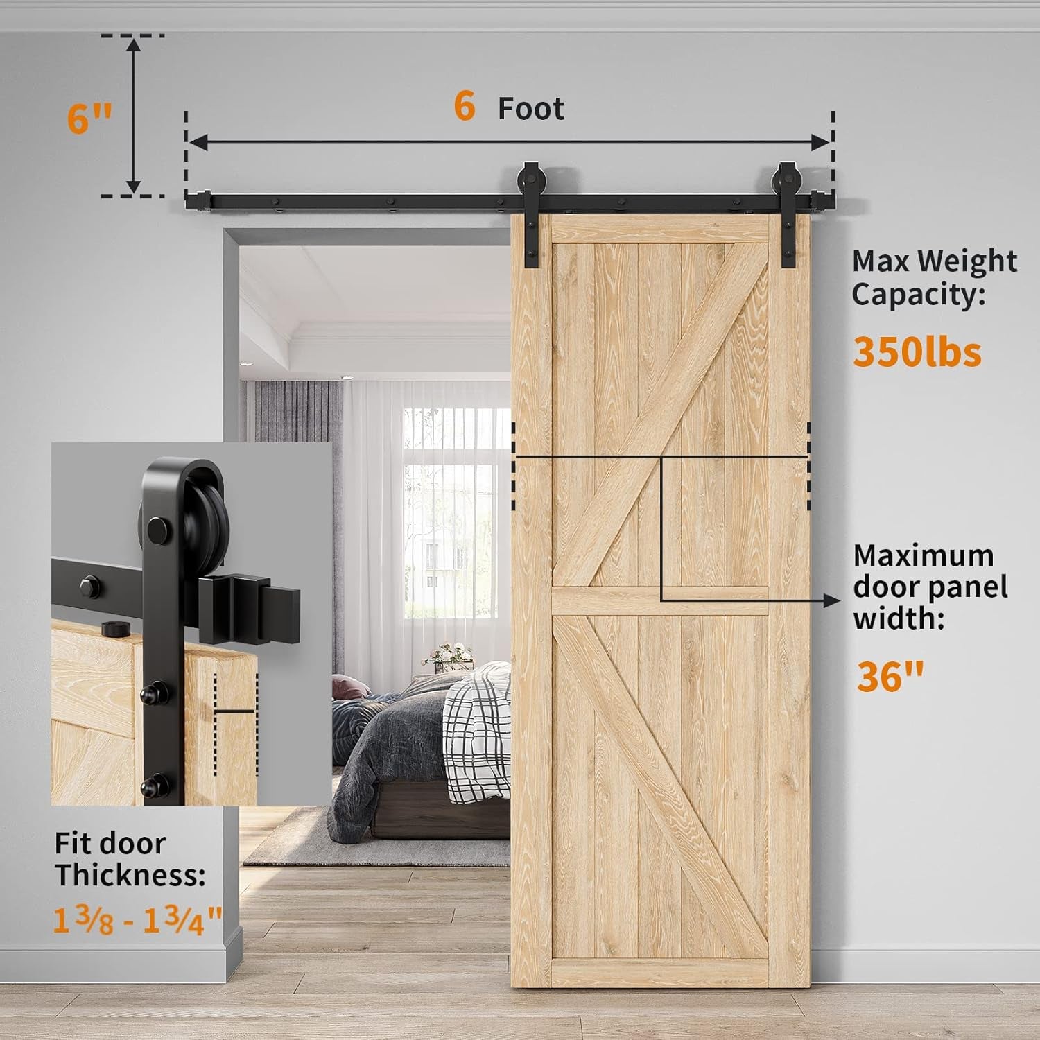 6Ft Heavy Duty Sturdy Sliding Barn Door Hardware Kit Single Door - Smoothly and Quietly - Simple and Easy to Install - Fit 1 3/8-1 3/4" Thickness Door Panel(Black)(J Shape Hangers)