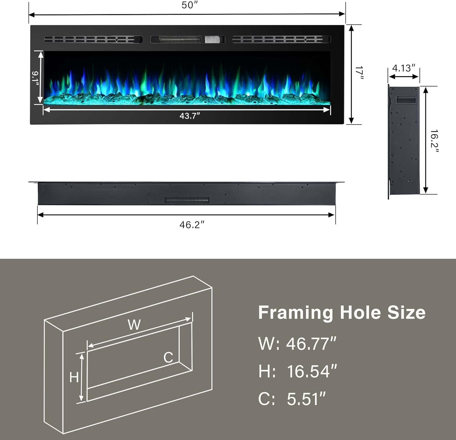 50 Inch Electric Fireplace Inserts, Quiet Wall Mounted Fireplace, Led Fireplace for Living Room, Recessed Electric Fireplace, Linear Fireplace, Logs & Crystal, 750/1500W