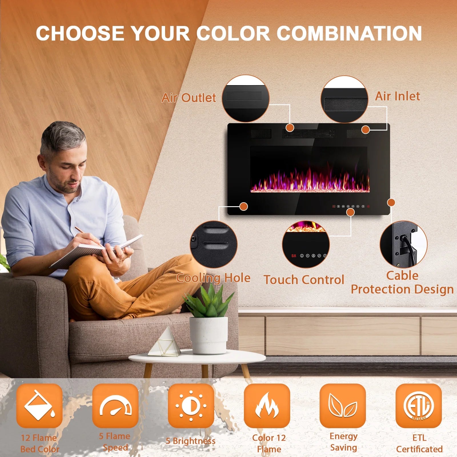 30“ Indoor Electric Fireplace Ultra Thin Fireplace, Wall Mounted Recessed Fireplace with Multiple Colors