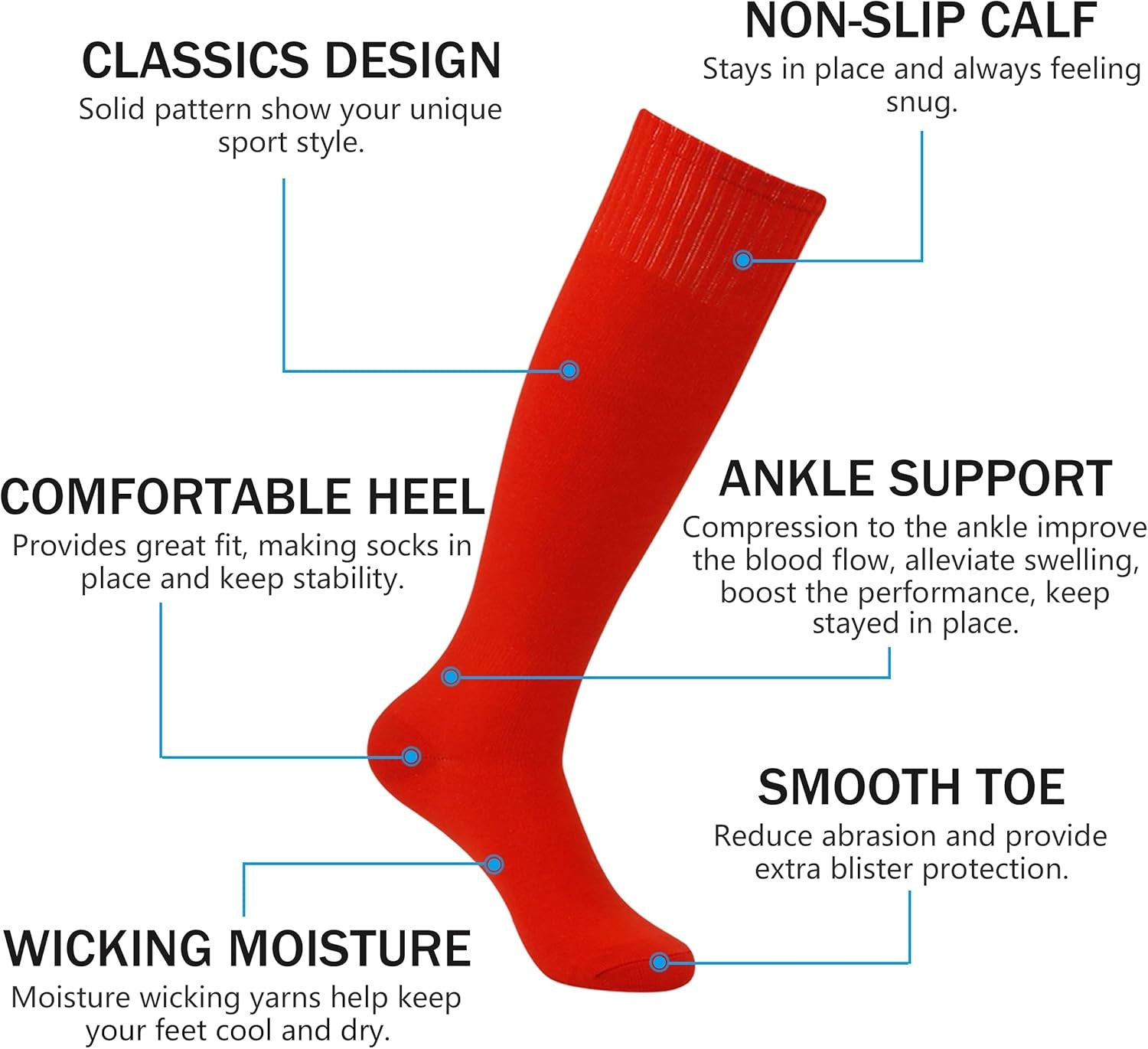 Soccer Socks, Knee High Long Tube Lightweight Solid Color Football Softball Baseball Team Sports Socks, 2/6/12 Pairs