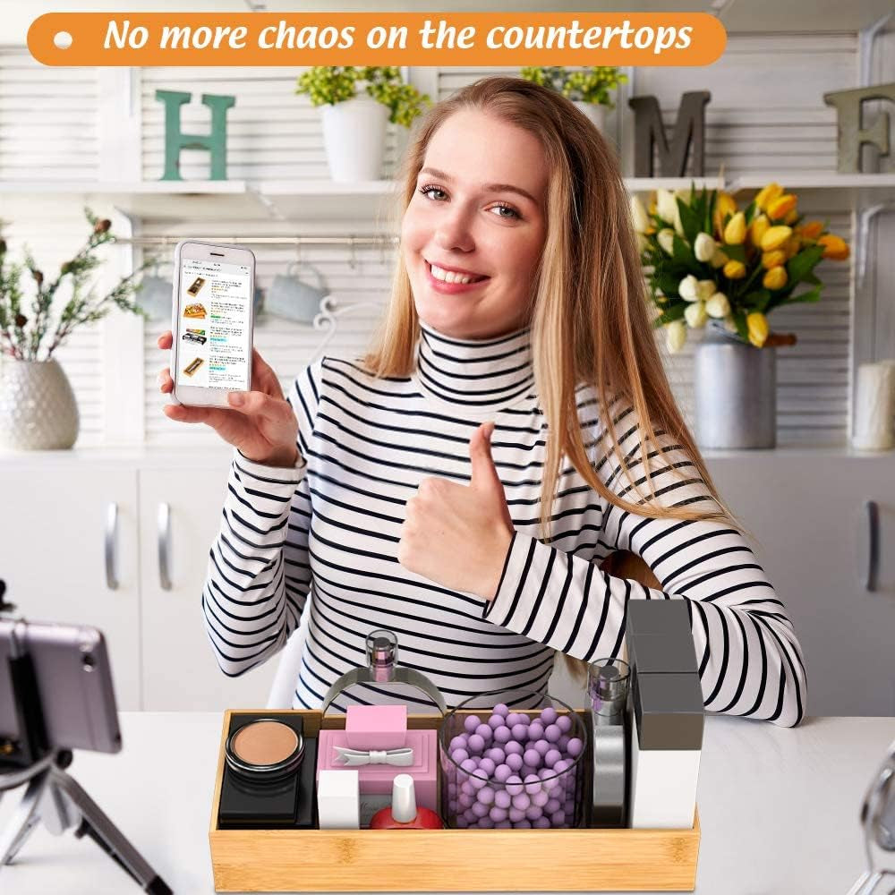 Bathroom Vanity Tray Organizer Bamboo, Small Wood Tray for Bathroom Counter Kicthen Drawer, Rectangular Toilet Paper Storage Basket Box, Guest Sink Tray Decor, Bathroom Accessories 15" X 6" X 2.5"