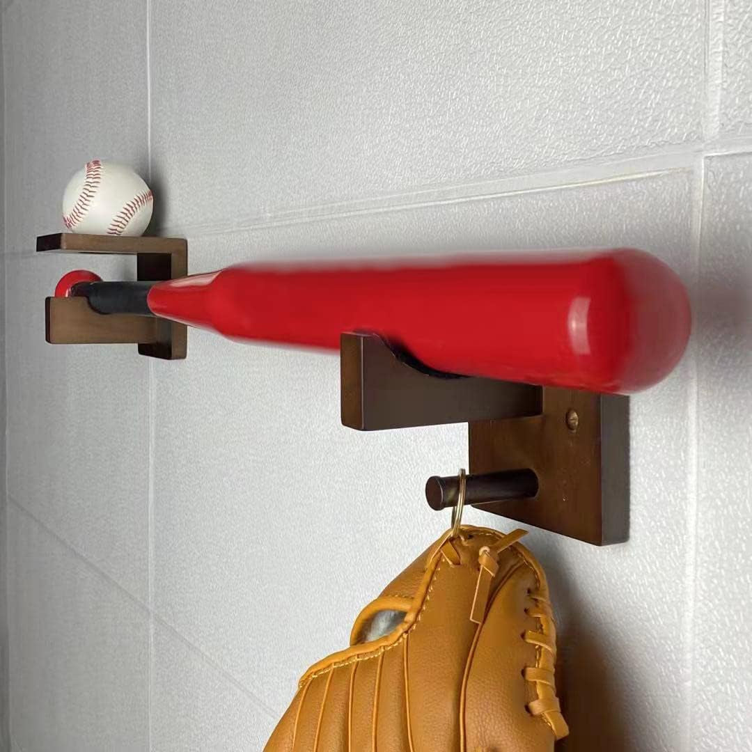 3-In-1 Wooden Baseball Bat Holder Stand, Softball Display Rack, Baseball Gloves Wall Hanger (Brown)