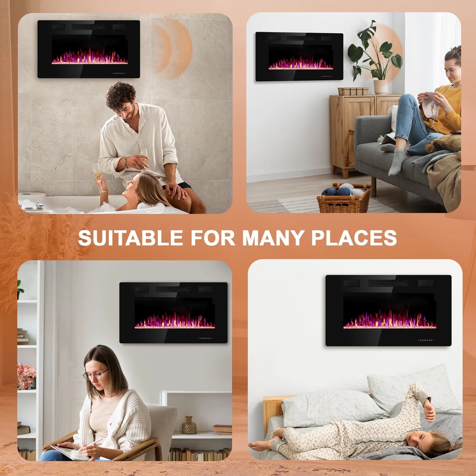 30“ Indoor Electric Fireplace Ultra Thin Fireplace, Wall Mounted Recessed Fireplace with Multiple Colors