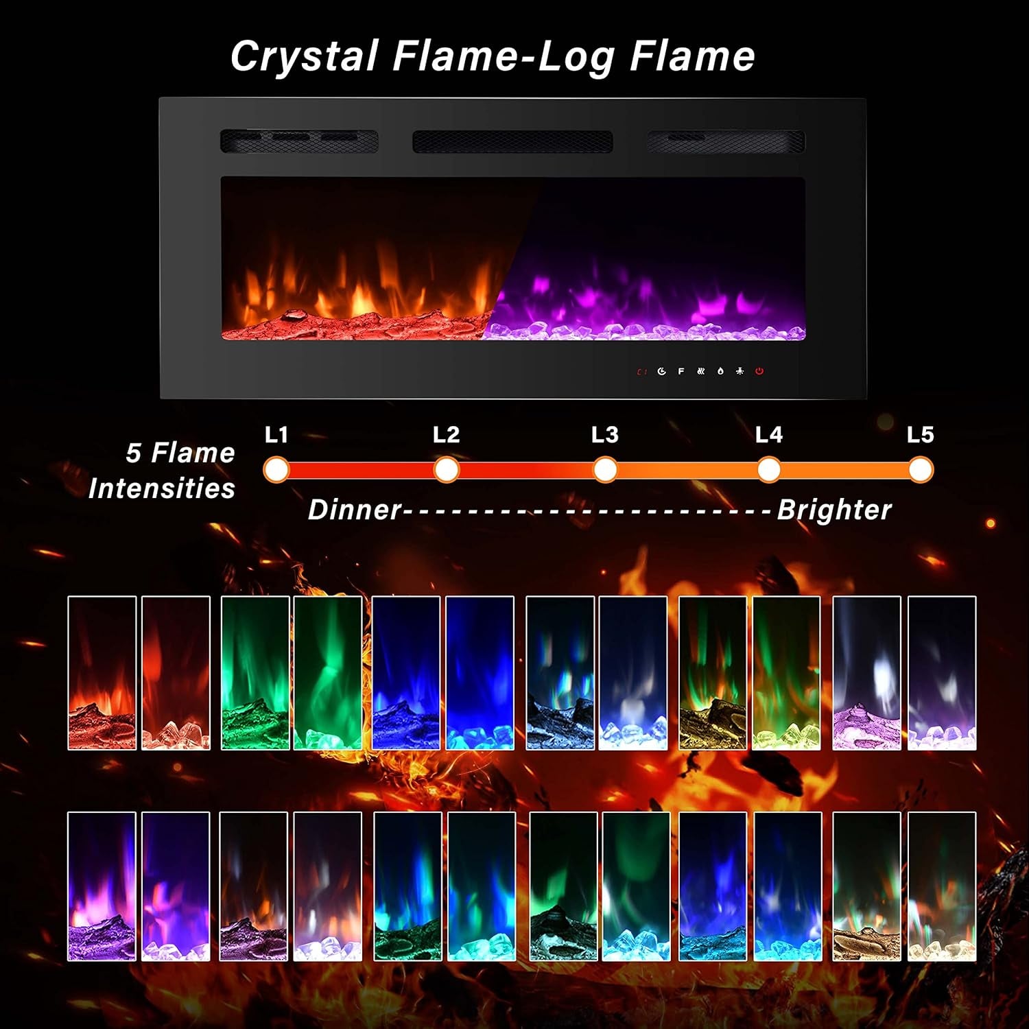 30 Inch Electric Fireplace Insert, Wall Mounted, 12 Flame Colors, Remote Control, Timer