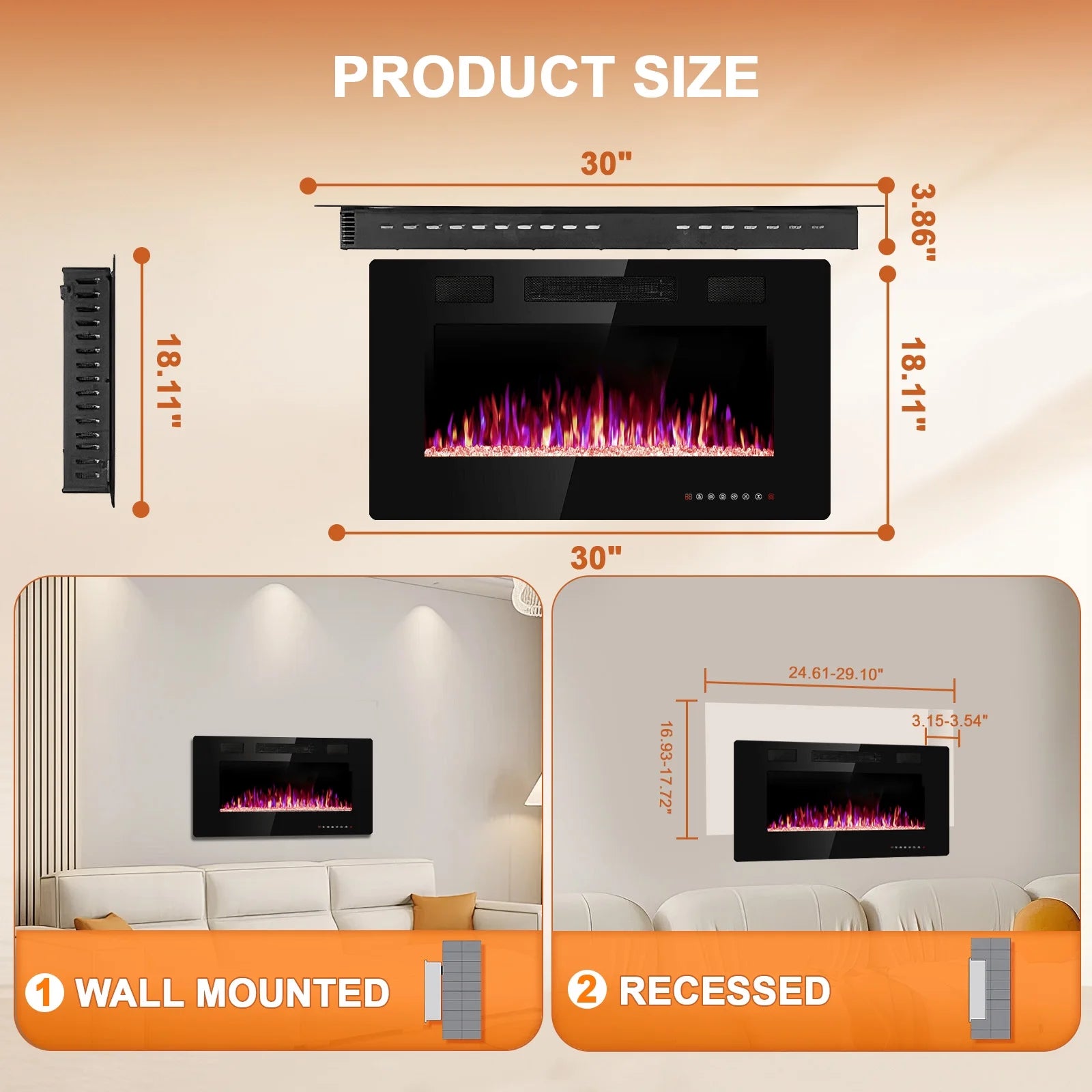 30“ Indoor Electric Fireplace Ultra Thin Fireplace, Wall Mounted Recessed Fireplace with Multiple Colors