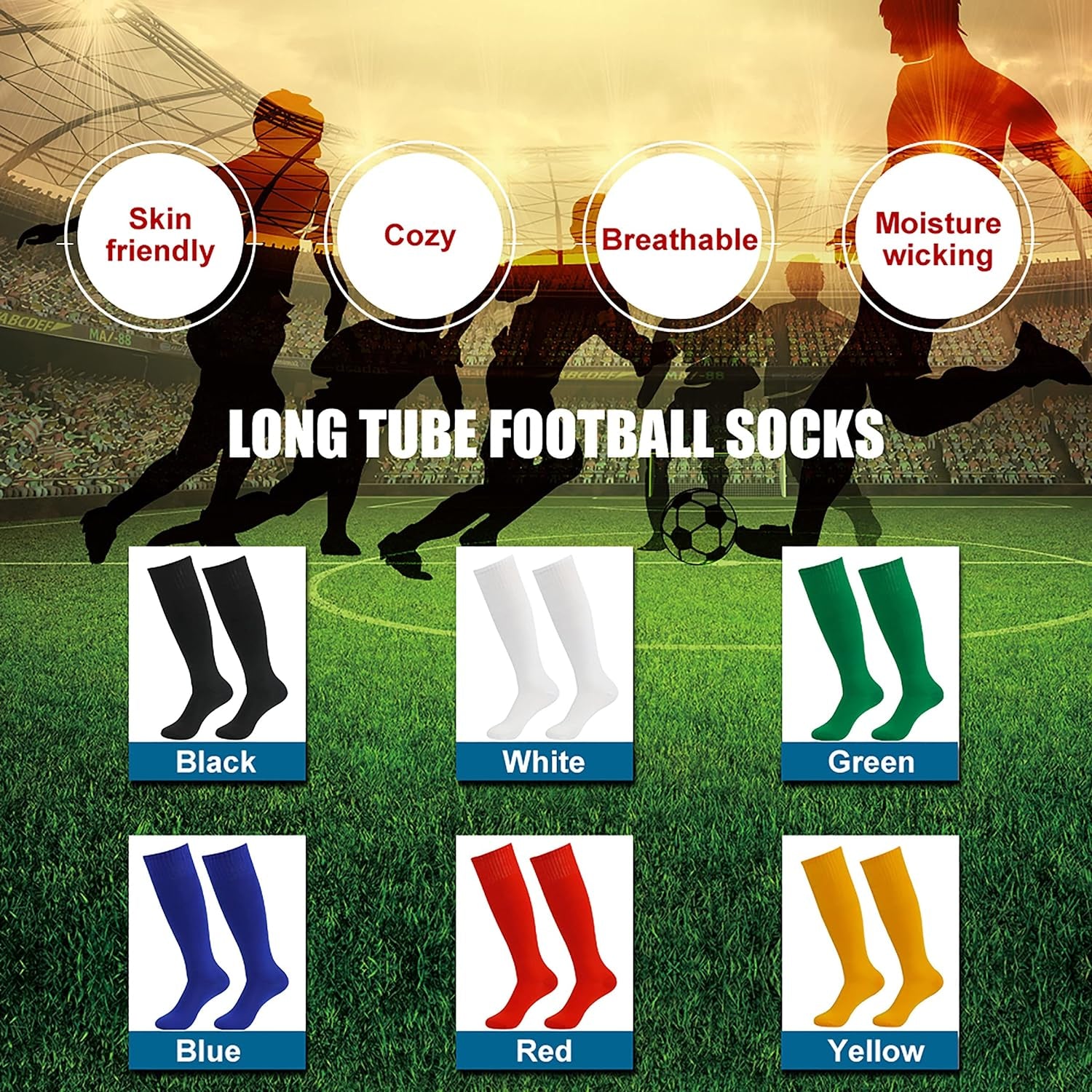 Soccer Socks for Men,  Unisex Youth Soccer Cushion Stretch Rugby Football Sports Sock Boot Socks Pack of (Large, Black-Red)