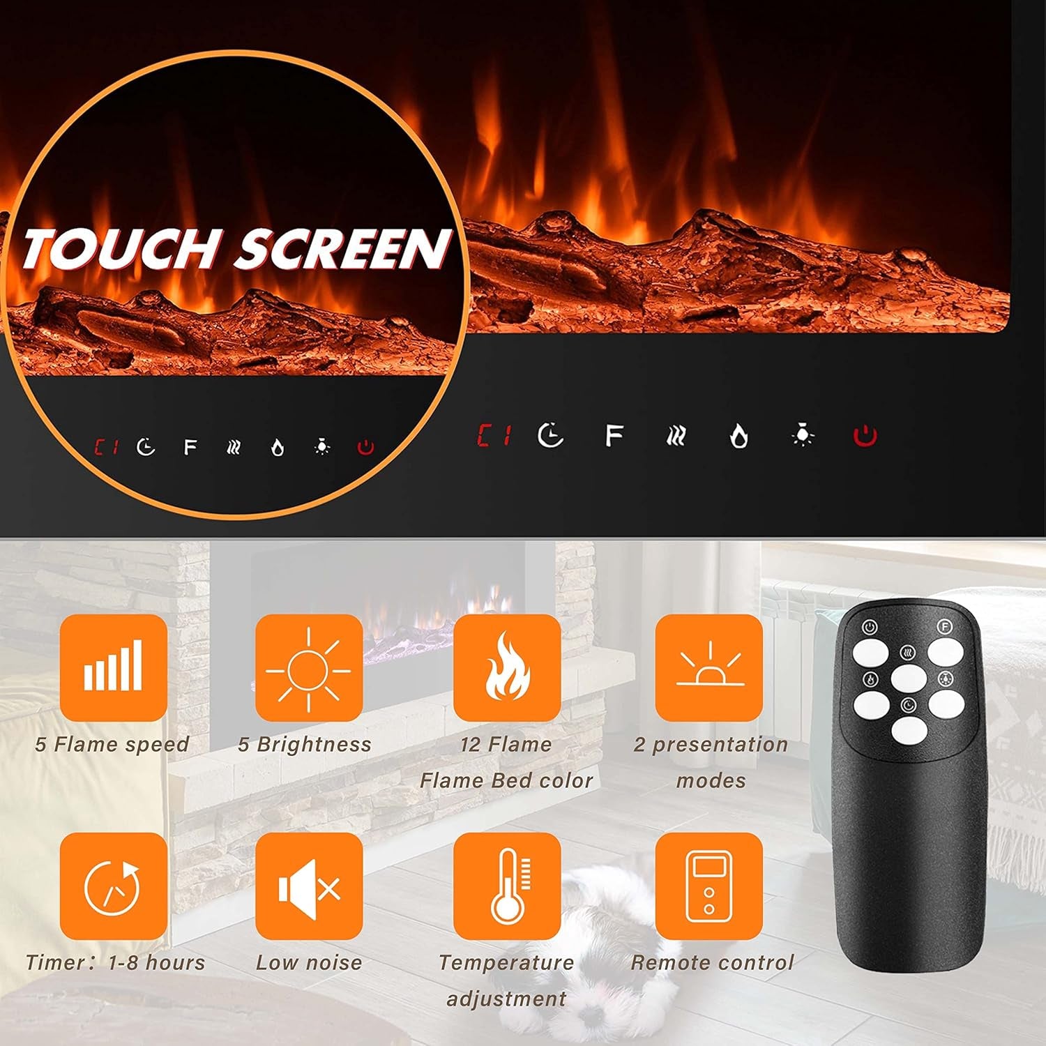 30 Inch Electric Fireplace Insert, Wall Mounted, 12 Flame Colors, Remote Control, Timer