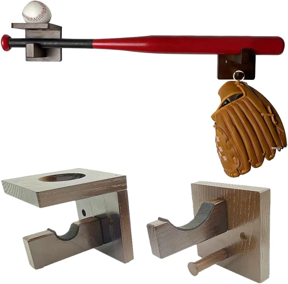 3-In-1 Wooden Baseball Bat Holder Stand, Softball Display Rack, Baseball Gloves Wall Hanger (Brown)