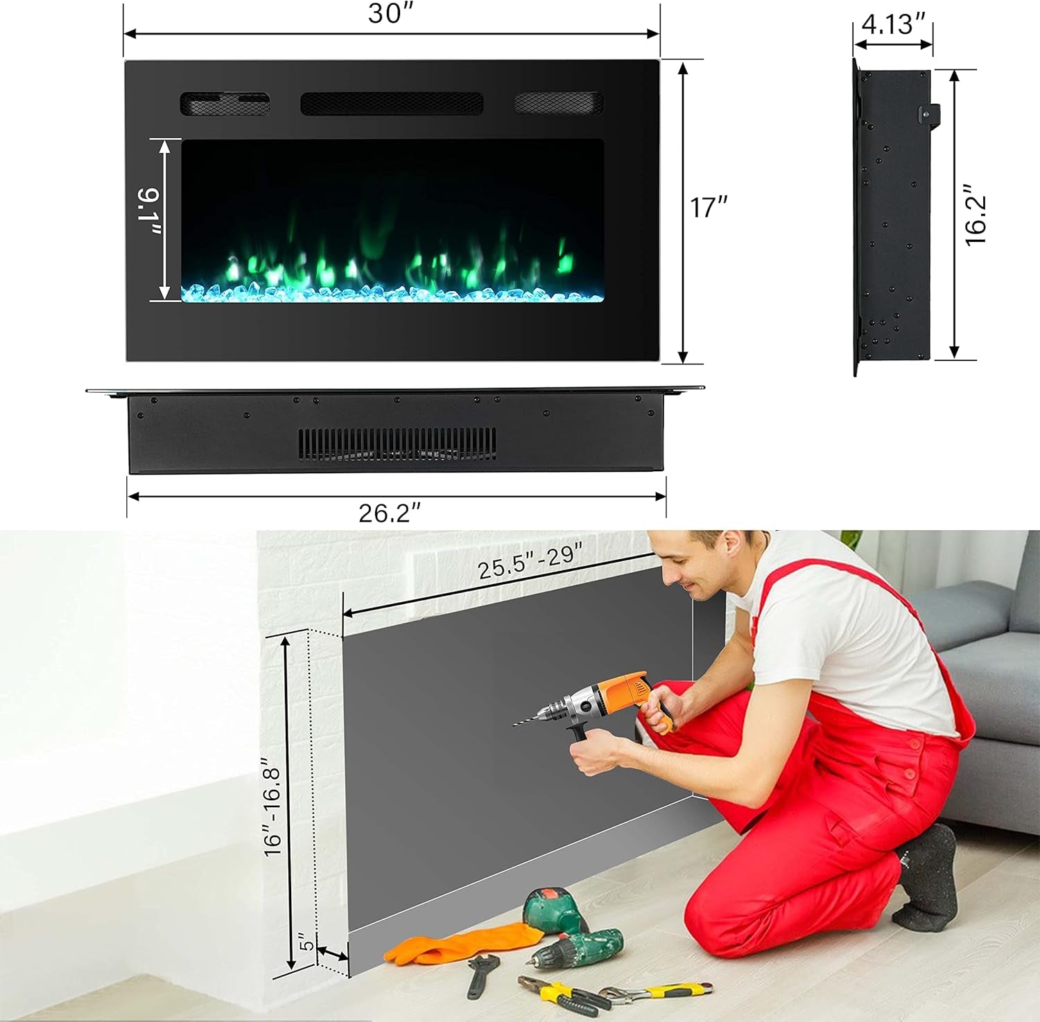 30 Inch Electric Fireplace Insert, Wall Mounted, 12 Flame Colors, Remote Control, Timer