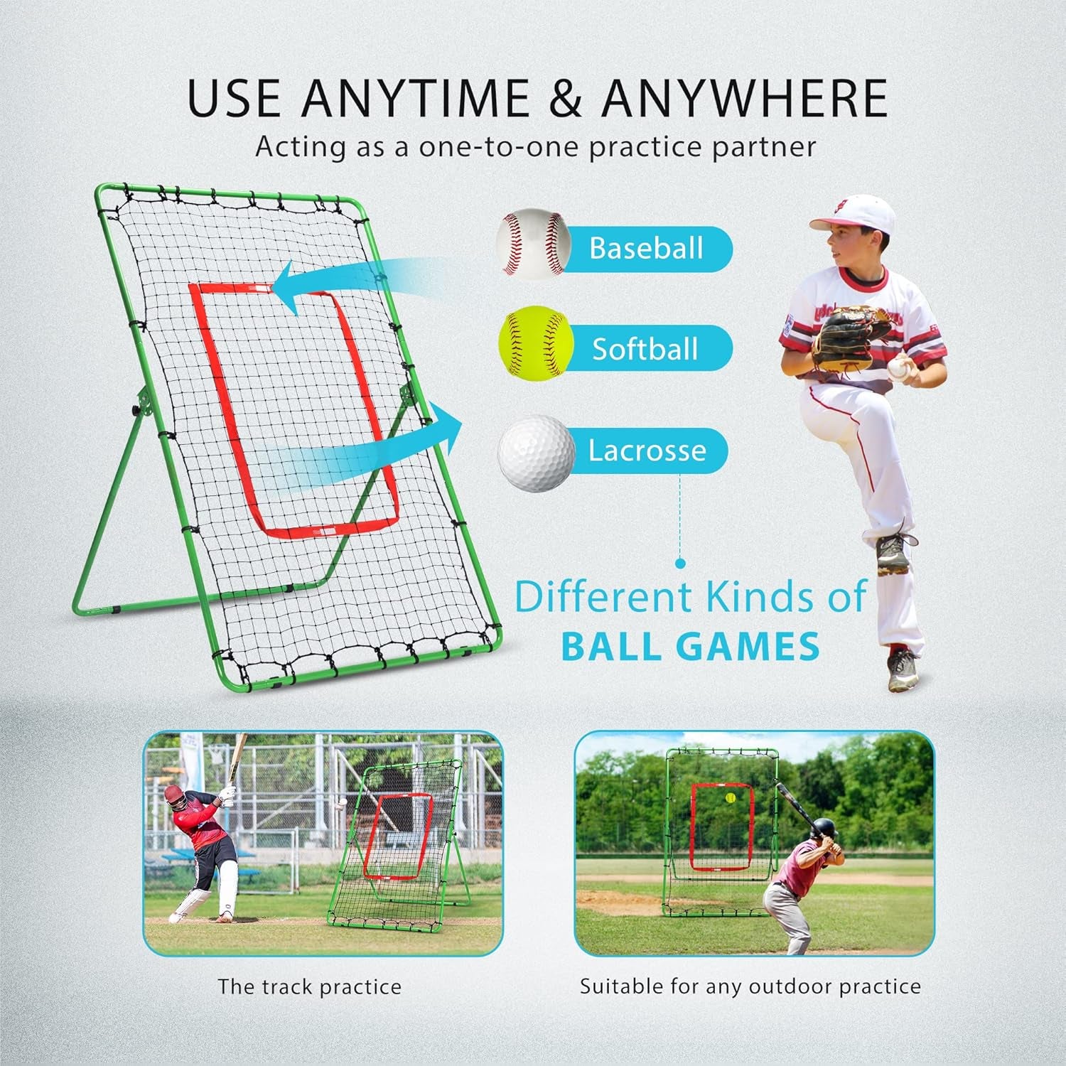 Pitchback Baseball Rebounder, Softball Lacrosse Pitch Return Trainer Rebound Net, Angle Adjustable for Grounders and Pop Flies, 6 X 3.6 Feet