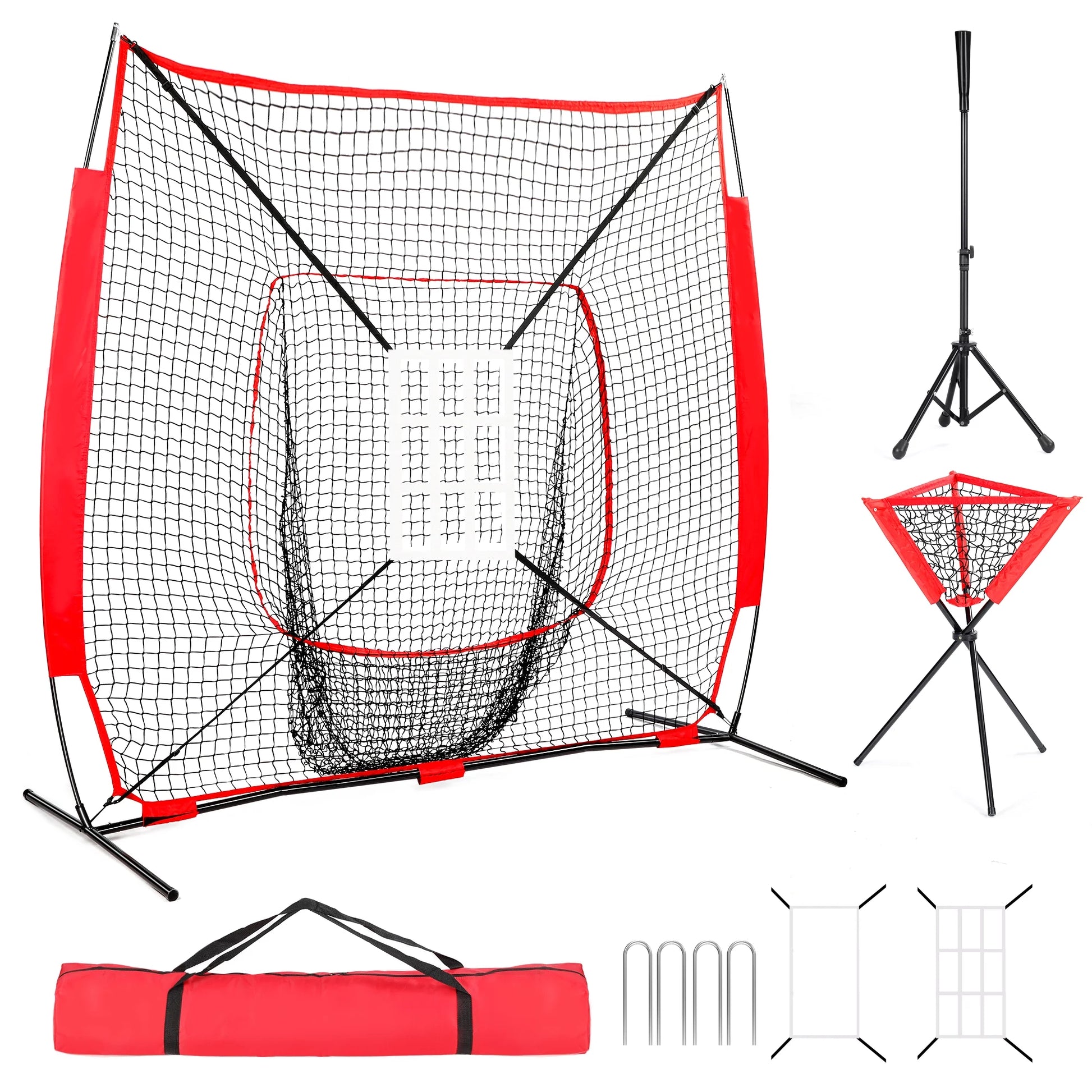 Baseball and Softball Bundle, 7'×7' Baseball Net with Batting Net, Baseball Tee, Caddy, 2 Strike Zone, Carry Bag, Baseball Practice Net for Batting Hitting and Pitching