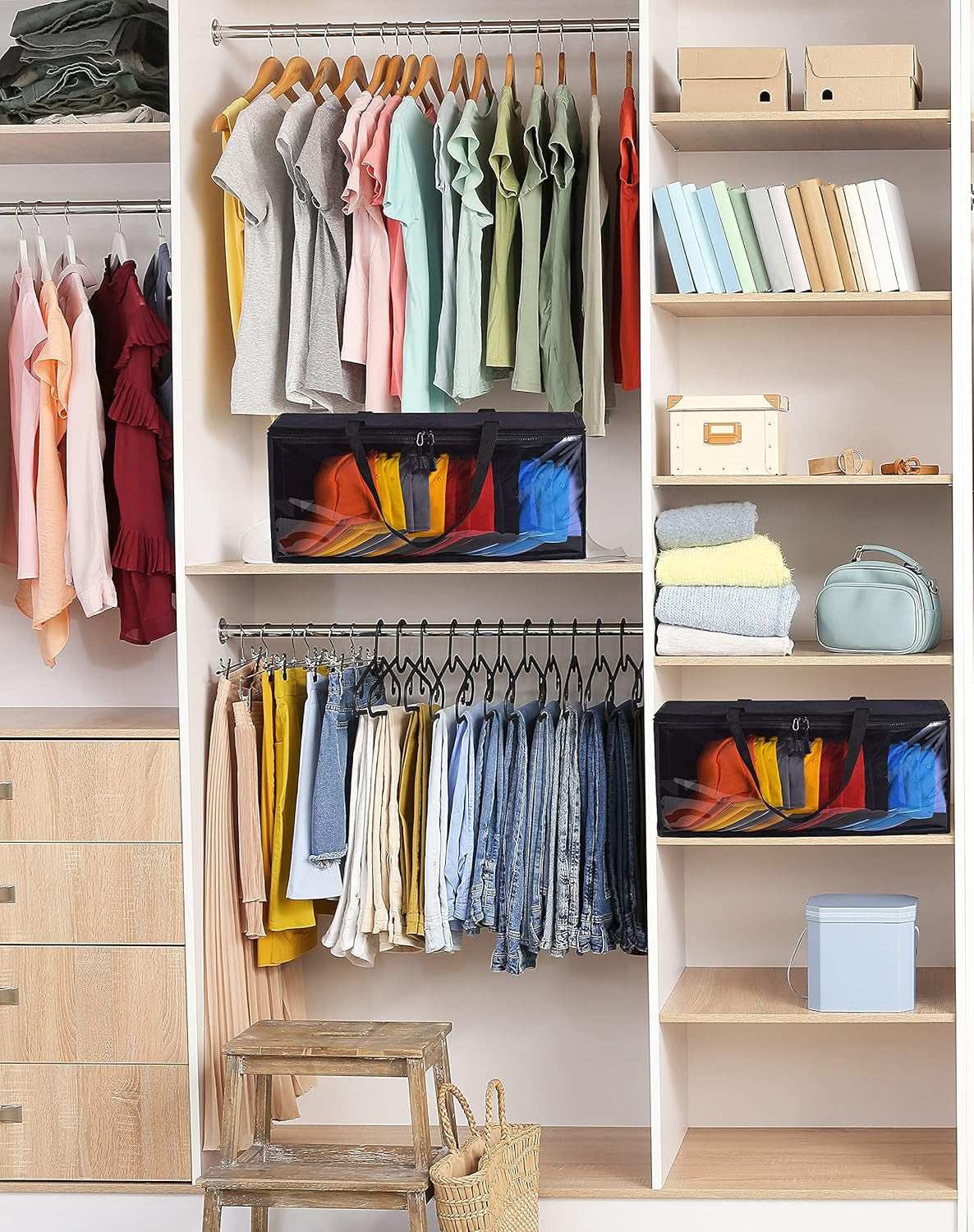 Hat Bag, Durable Dust Proof Baseball Cap Storage Bag, Holds up to 19 Hats, Toy Storage Bag, Towel Storage Bag, Book Storage Bag, Multi-Function Storage Bag. (2-Pack:Black)