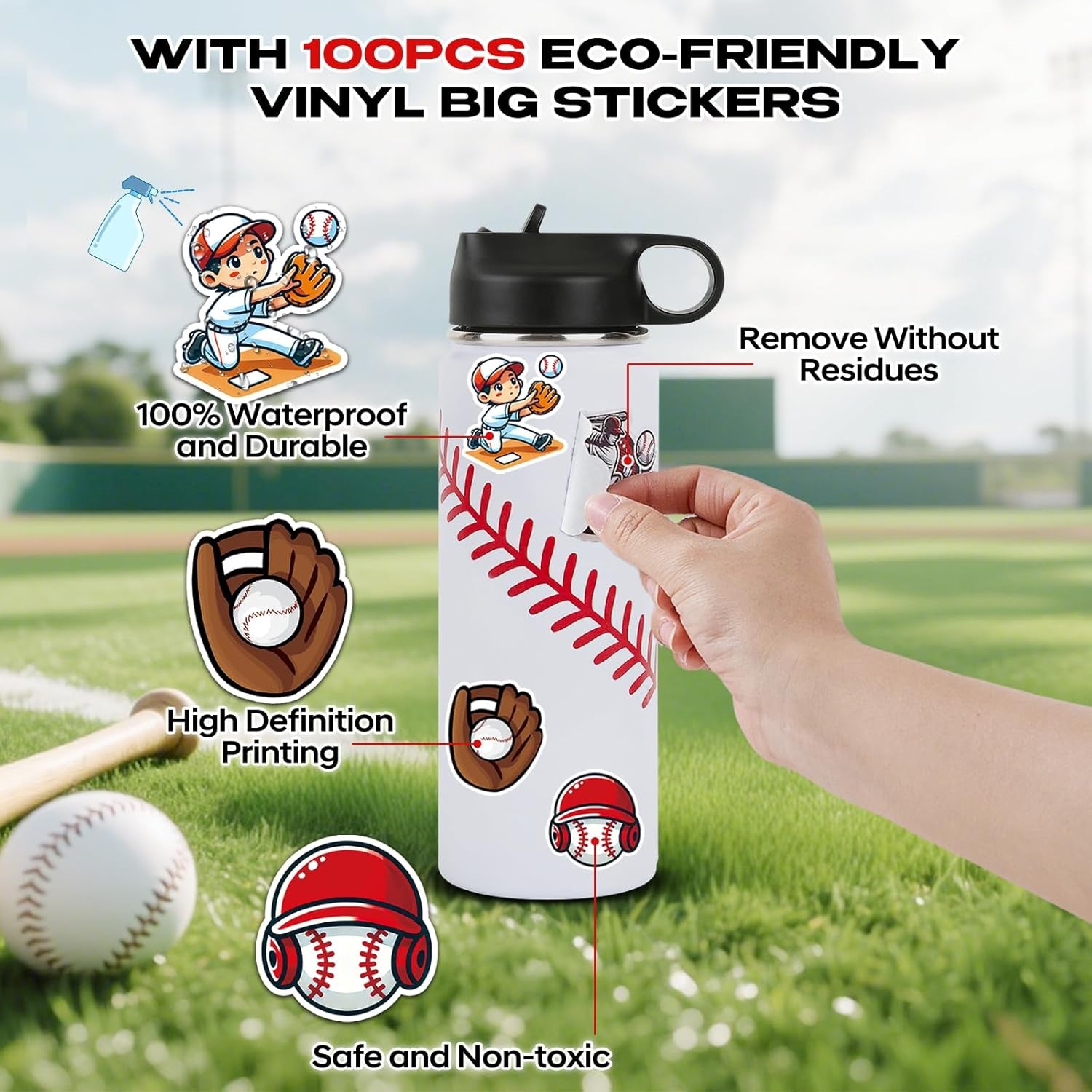 Baseball Water Bottles for Boys 18 Oz and 100 PCS Baseballs Stickers Personalized Sports Insulated Stainless Steel Water Bottle Baseball Accessories Stuff Gear Gifts for 8-12 12-14 Player