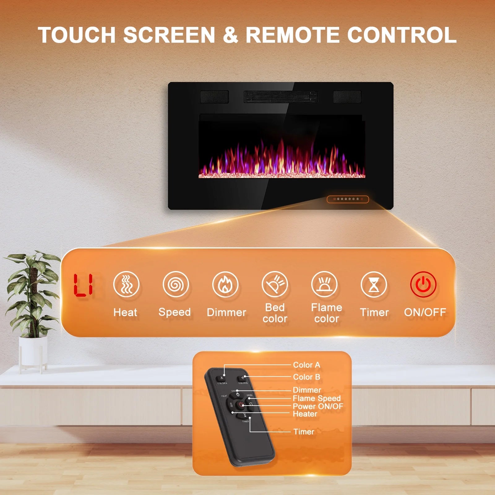 30“ Indoor Electric Fireplace Ultra Thin Fireplace, Wall Mounted Recessed Fireplace with Multiple Colors