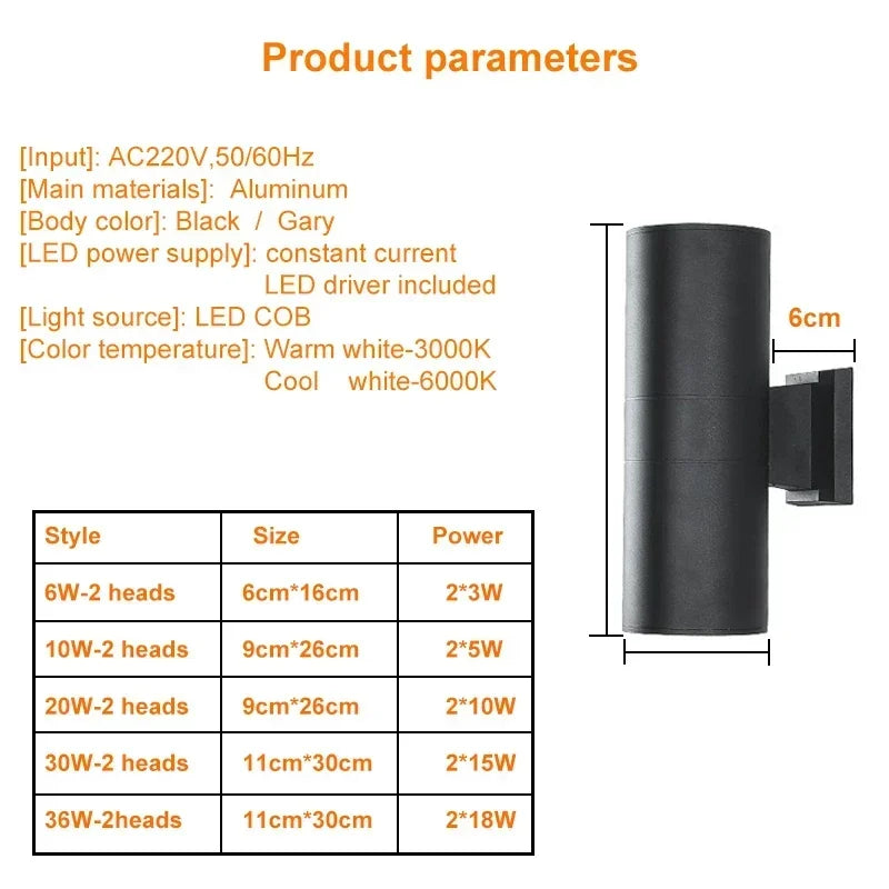 Black Gray up down Outdoor Wall Light 6W 10W 18W 30W 36W Porch Garden Waterproof Home Lighting Outdoor ZBW0015