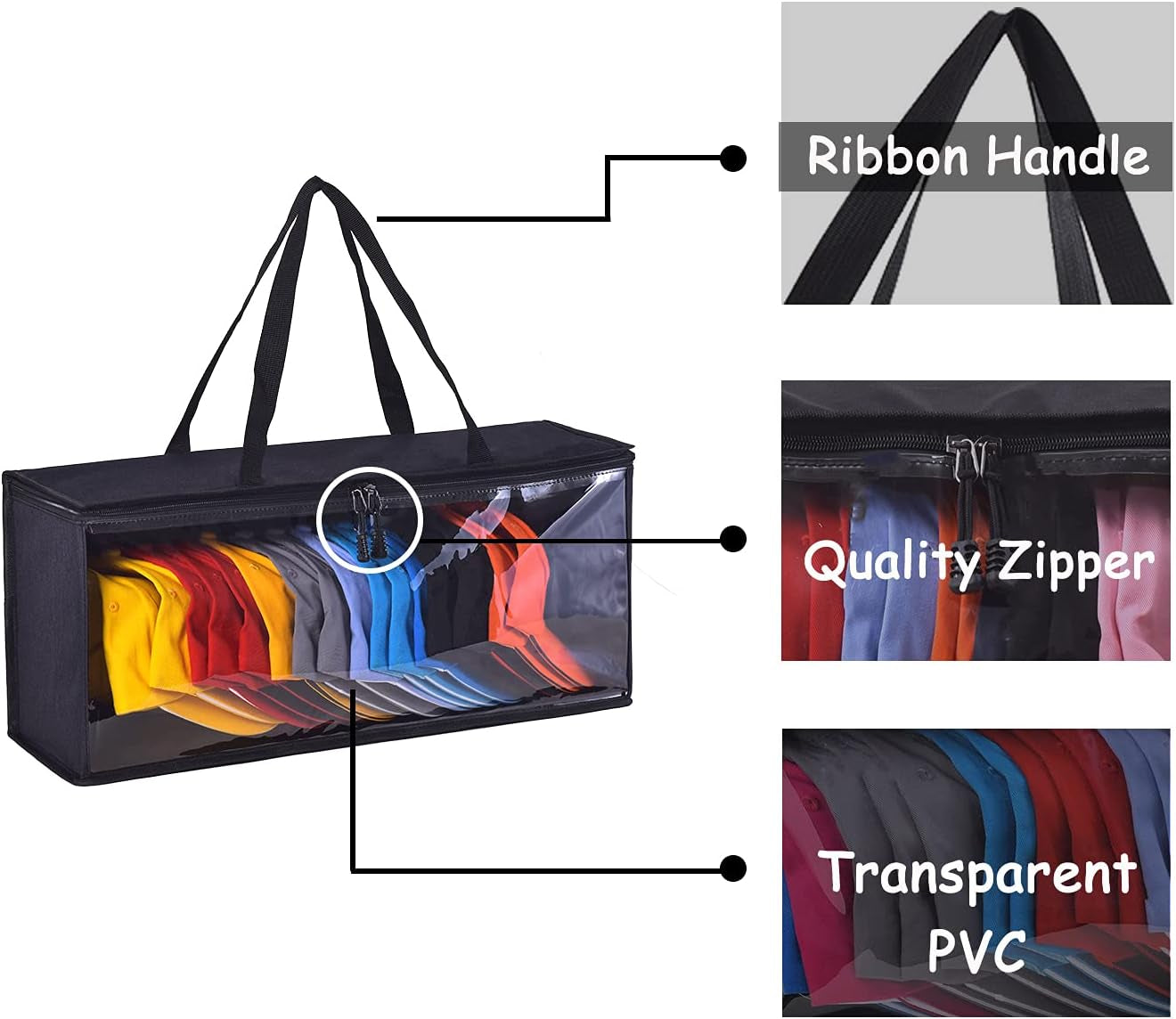 Hat Bag, Durable Dust Proof Baseball Cap Storage Bag, Holds up to 19 Hats, Toy Storage Bag, Towel Storage Bag, Book Storage Bag, Multi-Function Storage Bag. (2-Pack:Black)