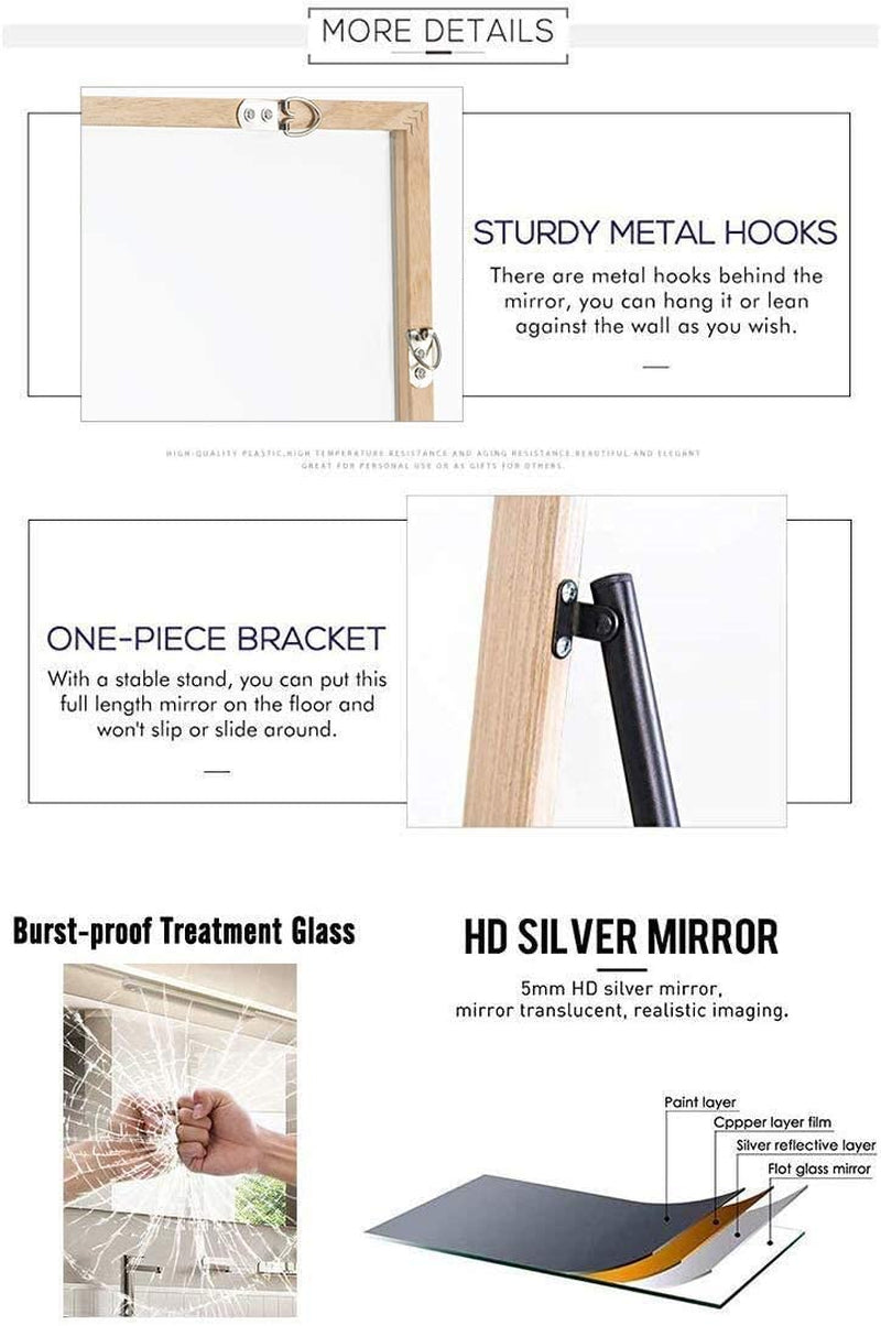 65"X22" Full Length Mirror - Standing, Hanging or Leaning against Wall, Large Rectangle Bedroom Floor Mirror, Solid Wood Frame Wall-Mounted