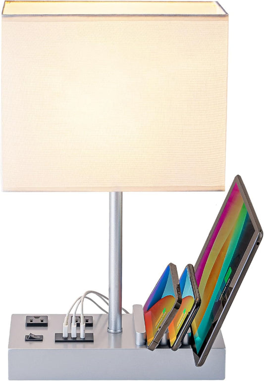 Bedside Table Lamp with 3 USB Charging Ports, 2 AC Outlets and 3 Phone Stands, Modern USB Desk Lamp with Silver Wooden Base