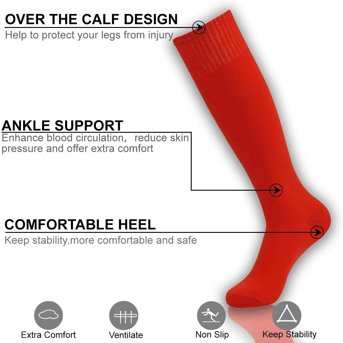 Soccer Socks for Men,  Unisex Youth Soccer Cushion Stretch Rugby Football Sports Sock Boot Socks Pack of (Large, Black-Red)