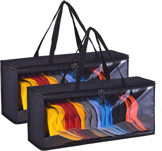 Hat Bag, Durable Dust Proof Baseball Cap Storage Bag, Holds up to 19 Hats, Toy Storage Bag, Towel Storage Bag, Book Storage Bag, Multi-Function Storage Bag. (2-Pack:Black)