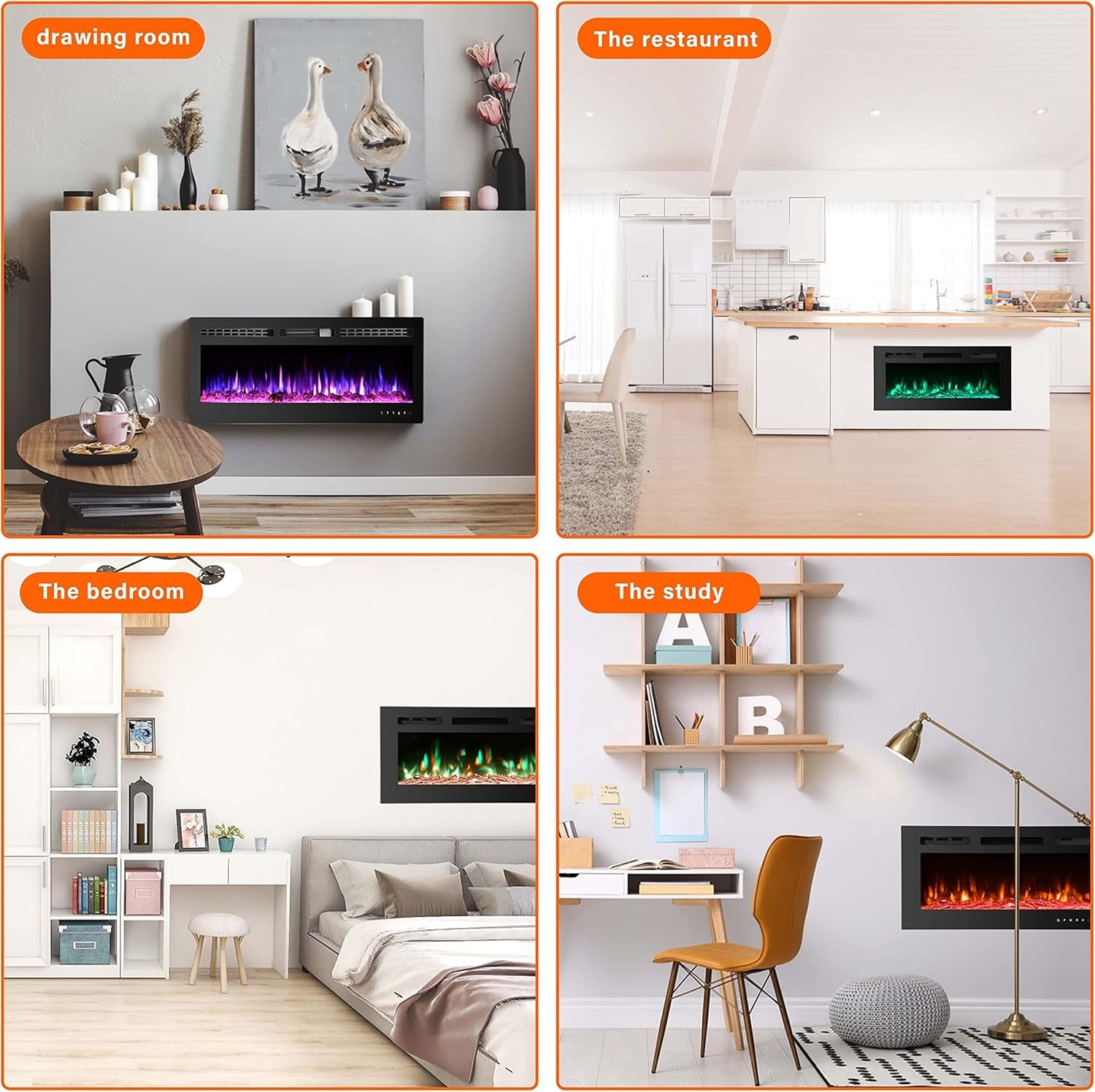 30 Inch Electric Fireplace Insert, Wall Mounted, 12 Flame Colors, Remote Control, Timer