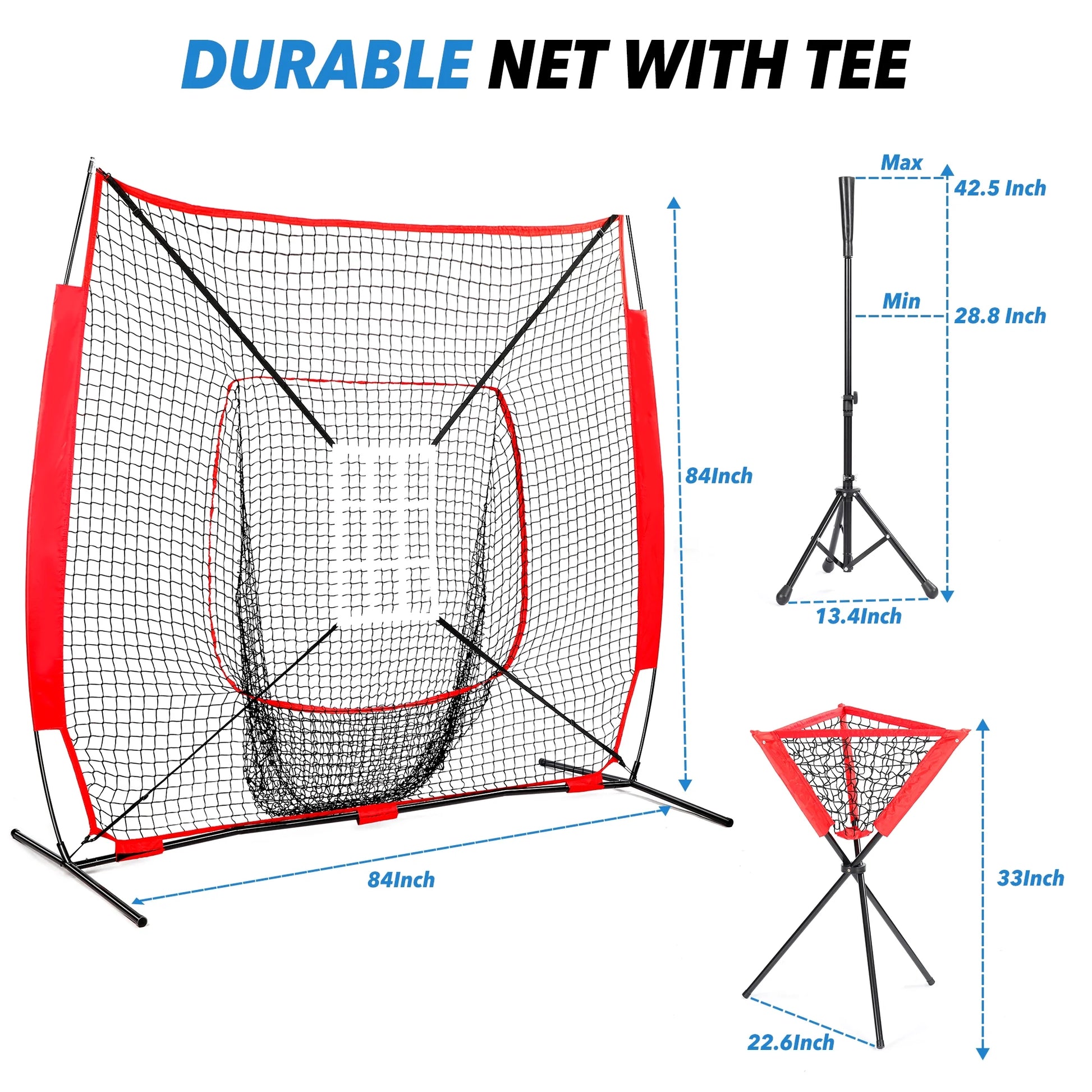 Baseball and Softball Bundle, 7'×7' Baseball Net with Batting Net, Baseball Tee, Caddy, 2 Strike Zone, Carry Bag, Baseball Practice Net for Batting Hitting and Pitching