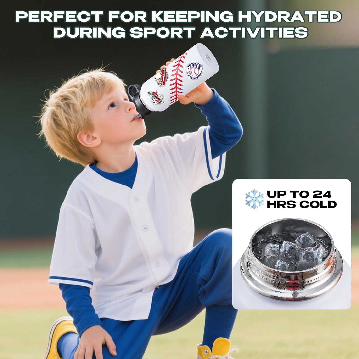 Baseball Water Bottles for Boys 18 Oz and 100 PCS Baseballs Stickers Personalized Sports Insulated Stainless Steel Water Bottle Baseball Accessories Stuff Gear Gifts for 8-12 12-14 Player