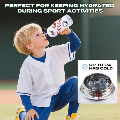 Baseball Water Bottles for Boys 18 Oz and 100 PCS Baseballs Stickers Personalized Sports Insulated Stainless Steel Water Bottle Baseball Accessories Stuff Gear Gifts for 8-12 12-14 Player