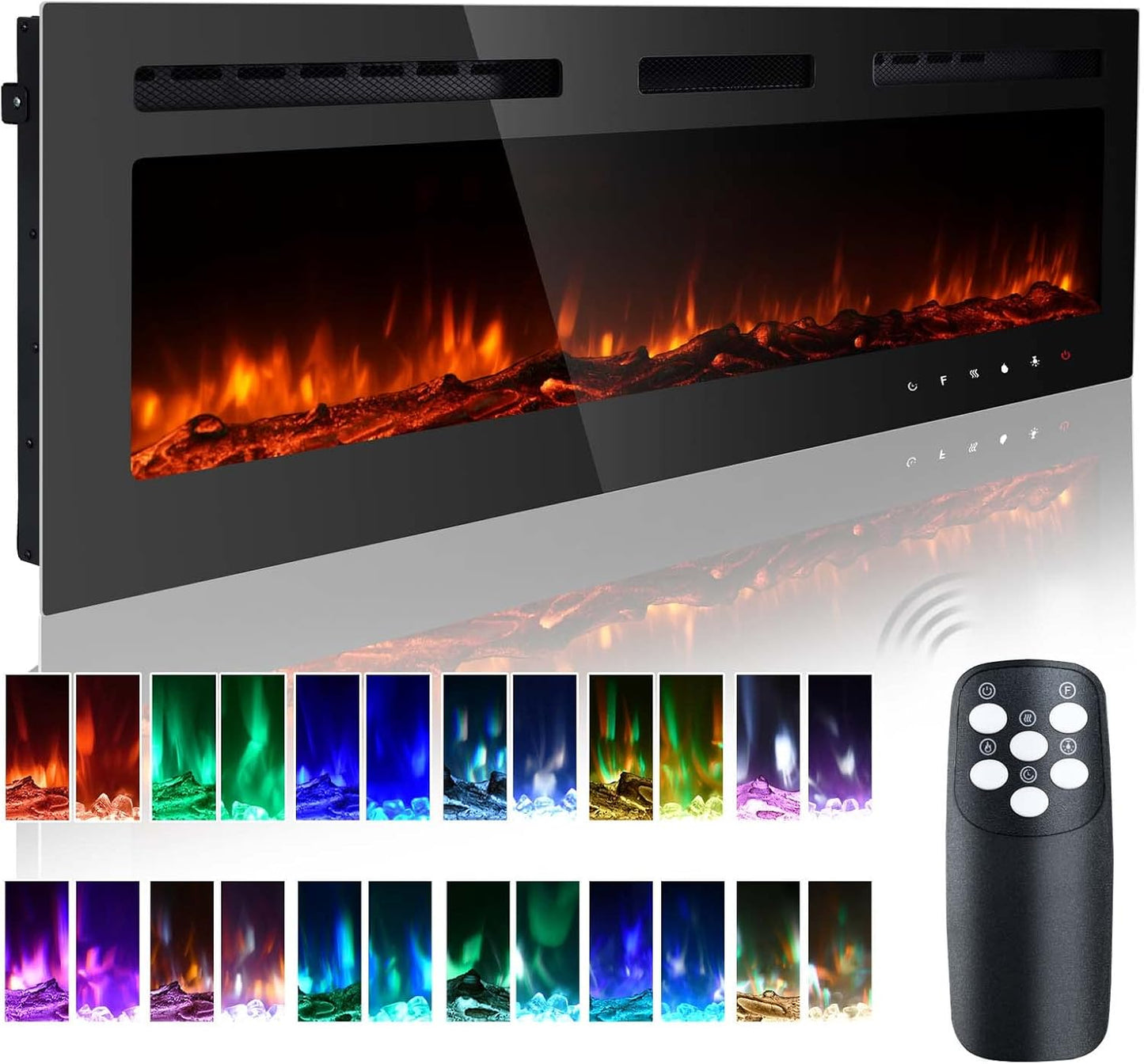 50 Inch Electric Fireplace Inserts, Quiet Wall Mounted Fireplace, Led Fireplace for Living Room, Recessed Electric Fireplace, Linear Fireplace, Logs & Crystal, 750/1500W