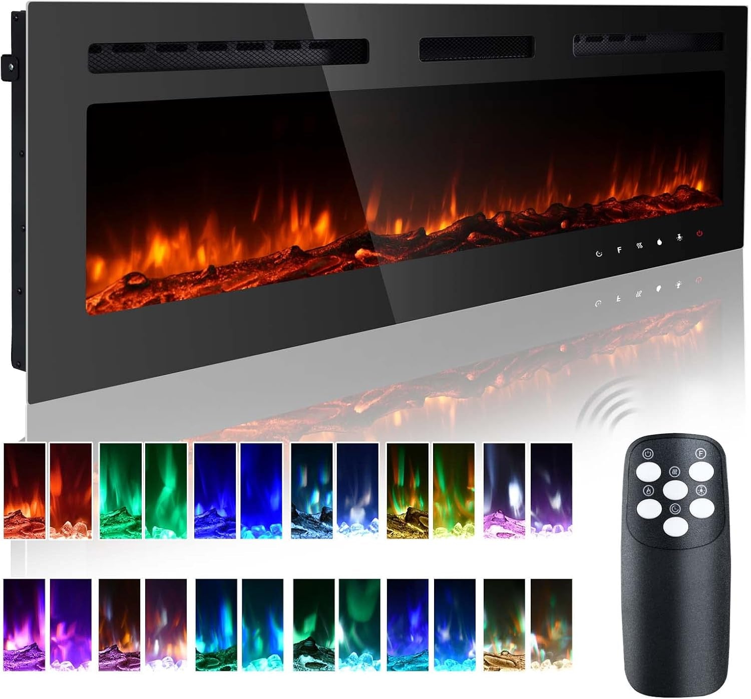 50 Inch Electric Fireplace Inserts, Quiet Wall Mounted Fireplace, Led Fireplace for Living Room, Recessed Electric Fireplace, Linear Fireplace, Logs & Crystal, 750/1500W