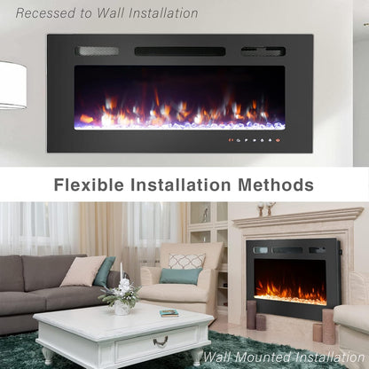 50 Inch Electric Fireplace Inserts, Quiet Wall Mounted Fireplace, Led Fireplace for Living Room, Recessed Electric Fireplace, Linear Fireplace, Logs & Crystal, 750/1500W