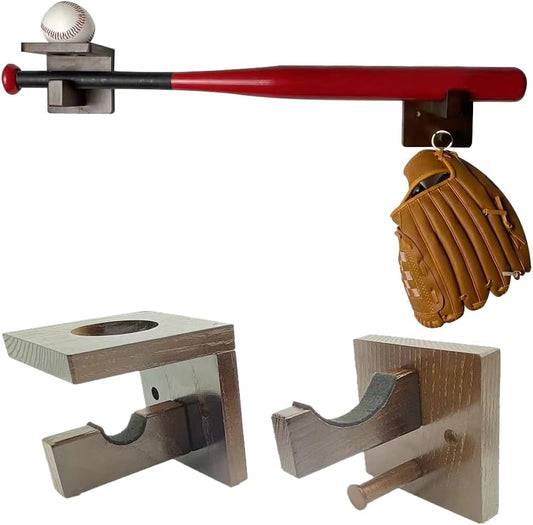3-In-1 Wooden Baseball Bat Holder Stand, Softball Display Rack, Baseball Gloves Wall Hanger (Brown)
