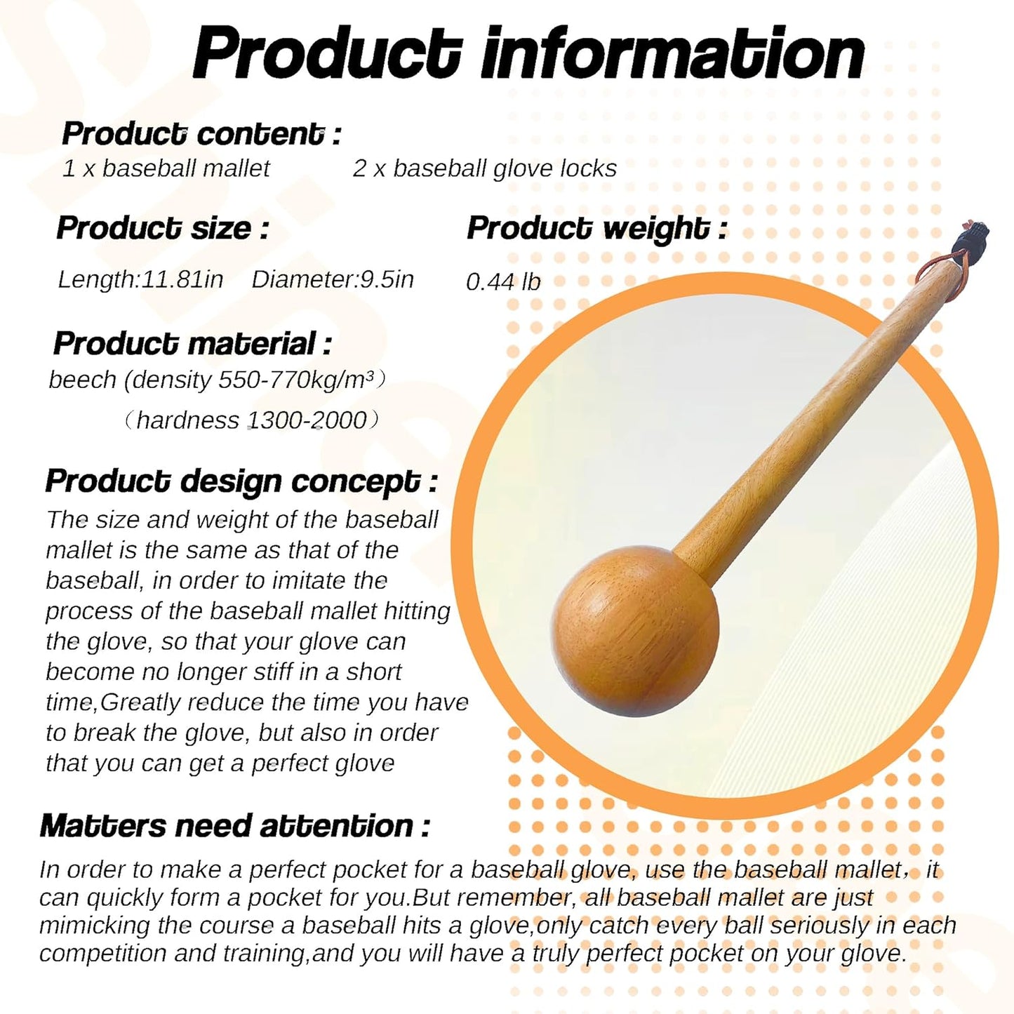 Baseball Hammer, Baseball Softball Glove Mallet, One-Piece Mallet, Baseball Glove Shaping Hammer with 2Pcs Baseball Lock, Glove Mallet 12Inch 11Inch