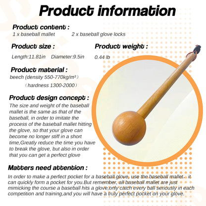 Baseball Hammer, Baseball Softball Glove Mallet, One-Piece Mallet, Baseball Glove Shaping Hammer with 2Pcs Baseball Lock, Glove Mallet 12Inch 11Inch