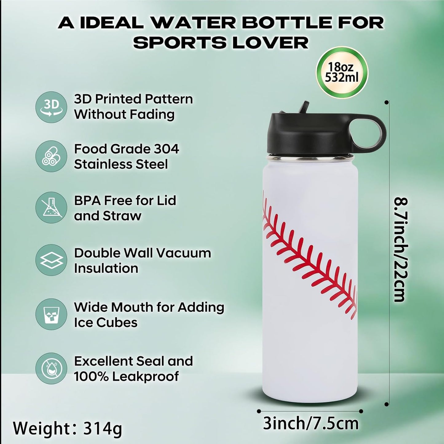 Baseball Water Bottles for Boys 18 Oz and 100 PCS Baseballs Stickers Personalized Sports Insulated Stainless Steel Water Bottle Baseball Accessories Stuff Gear Gifts for 8-12 12-14 Player